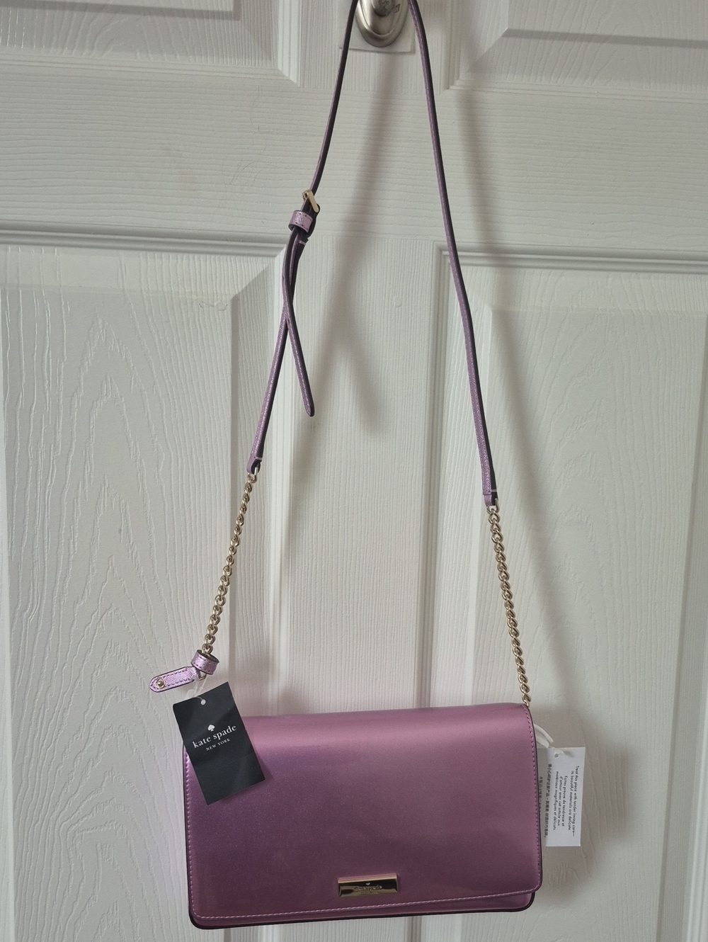 Nwt Kate spade lavender patent flap crossbody with gold chain